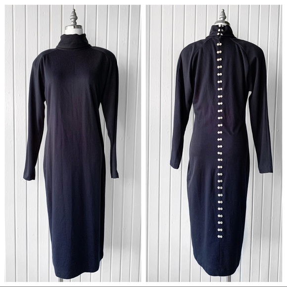 Vintage Button Back. black Mock Neck Midi …